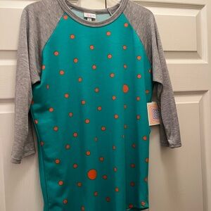 LuLaRoe Teal and Gray Raglan with Orange Accents